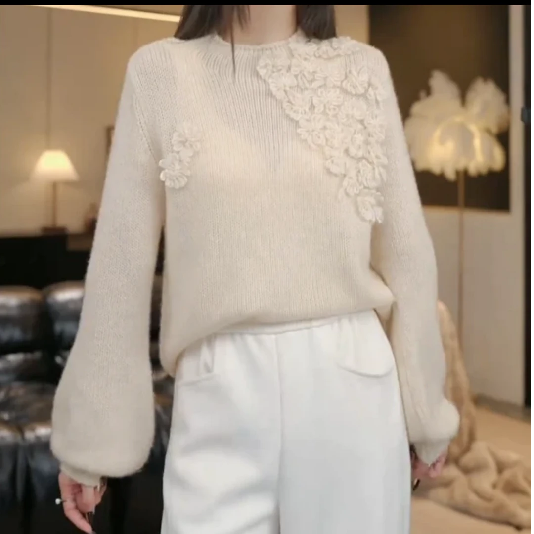 韩系慵懒风提花针织衫上衣秋冬2024新款宽松设计感软糯套头毛衣