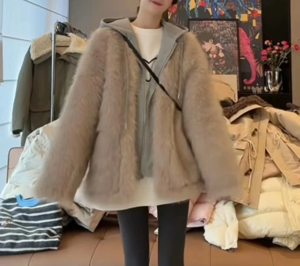 【LIANG】网红百搭连帽拼接假两件毛毛外套冬季新款时尚加厚开衫