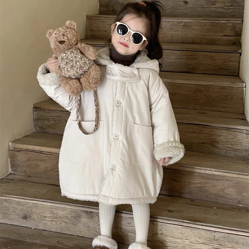 女童长款加绒外套加厚加棉衣儿童保暖加厚连帽风衣女宝宝冬季衣服