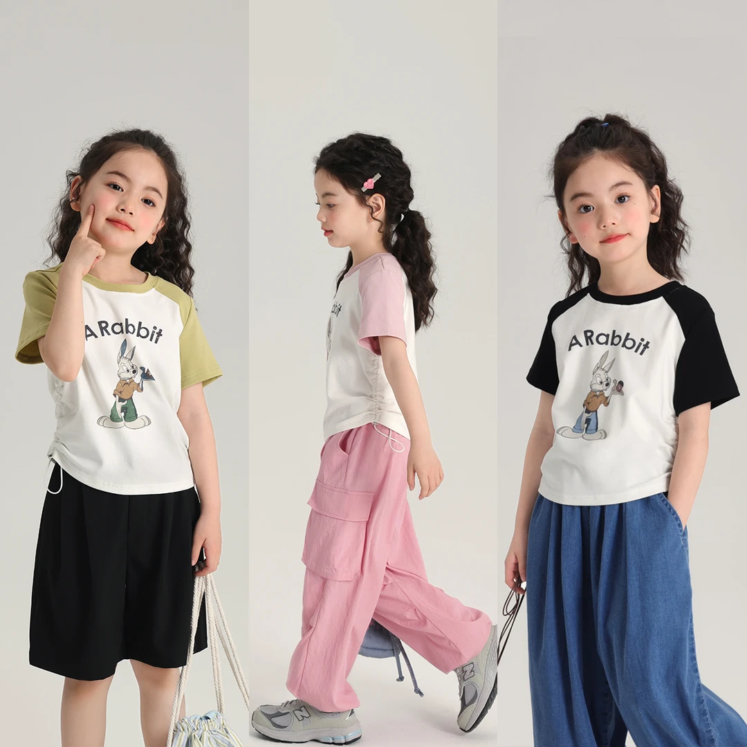 【兔八哥 沫沫妈】2024夏季女休闲童插肩袖兔子拼色T恤G42TQ274