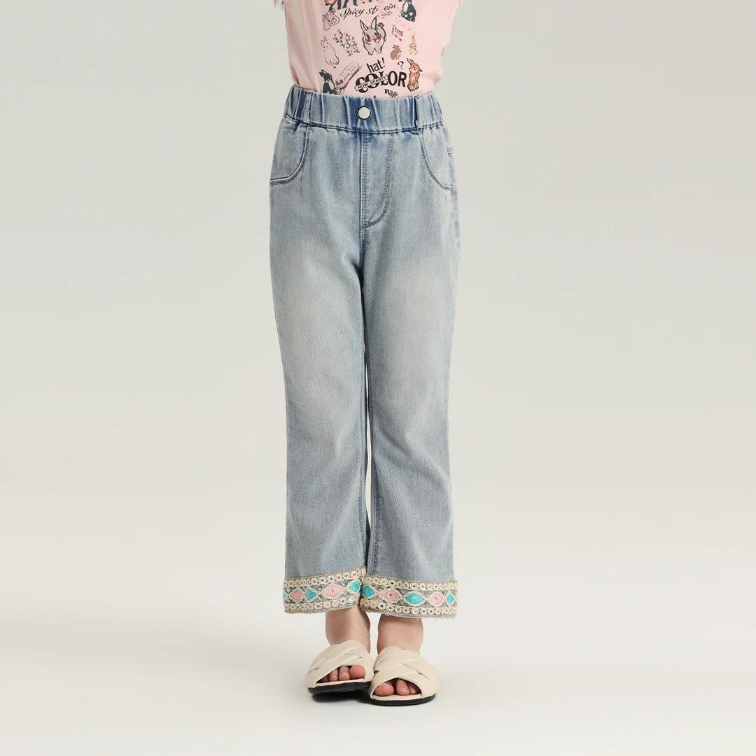 布丁哈鲁【民族风】2024女童夏季百搭九分牛仔裤G42PA316