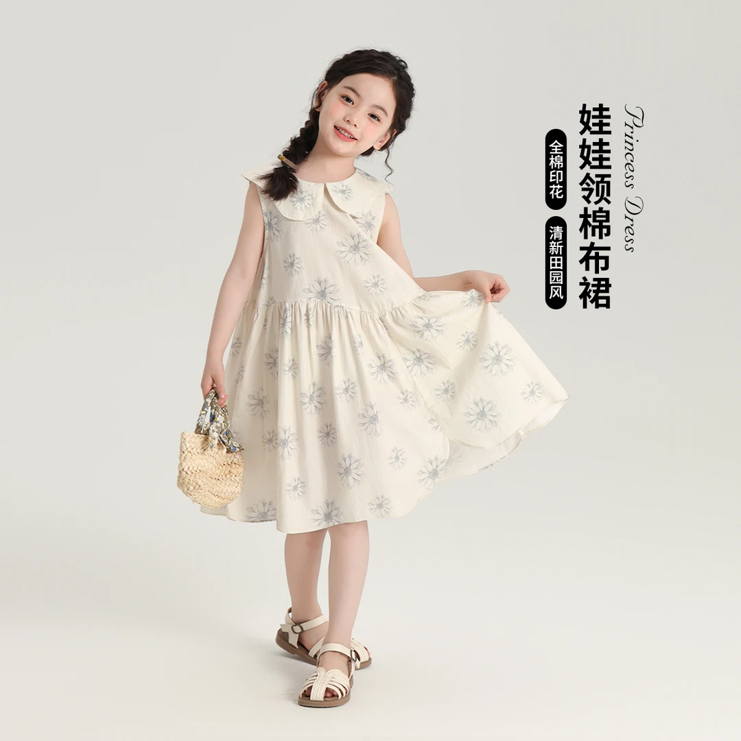 【沫沫妈】2024女童夏季娃娃领花朵无袖连衣裙G42DA360