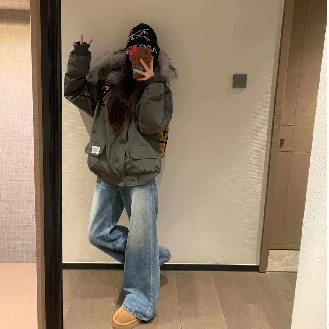 【现货现发】大毛领加厚棉服女中款冬季户外保暖冲锋衣工装棉袄
