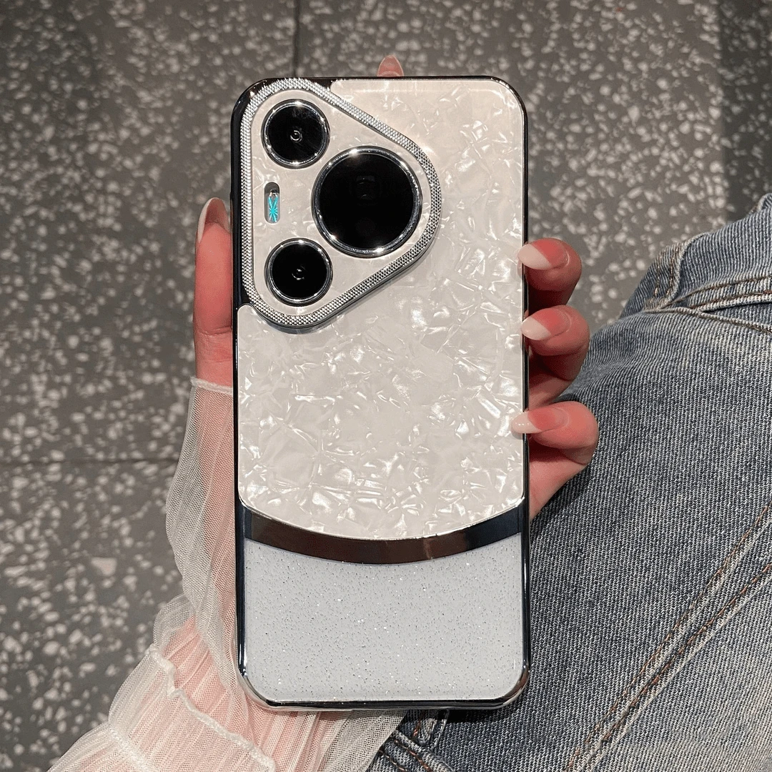 适用华为pura70/pro+手机壳贝壳纹拼接透明闪粉网红女款奢华高端