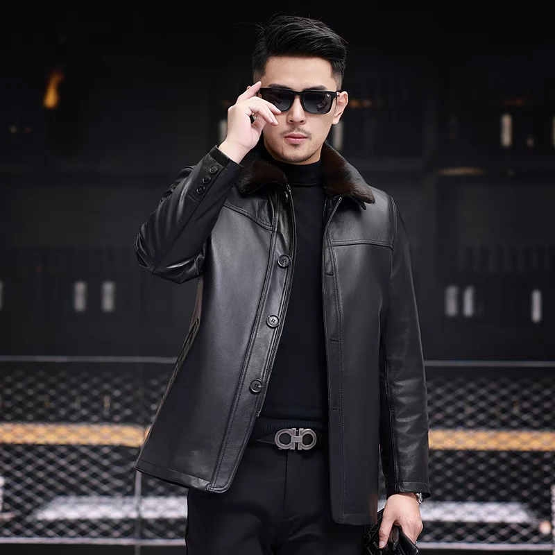 海宁 头层牛皮 冬款加厚 可拆卸内胆 男士休闲时尚真皮皮衣翻领