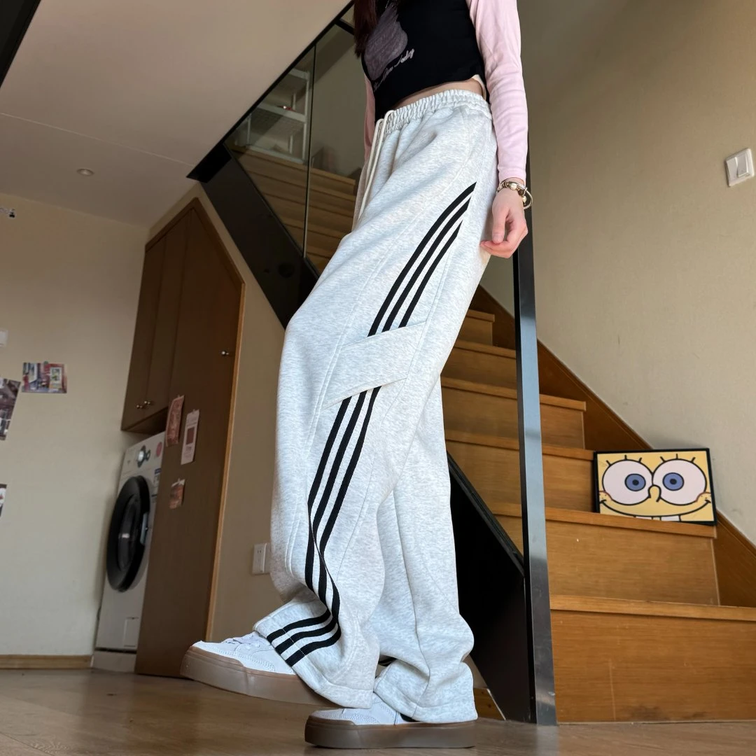 STUDIO美式条纹运动卫裤cleanfit高街裤子宽松休闲直筒阔腿长裤子