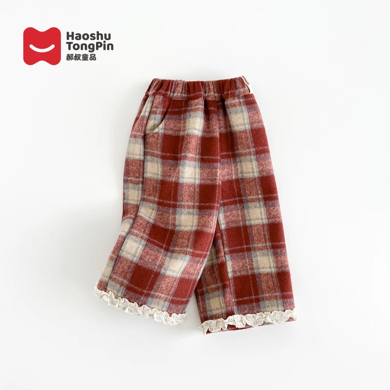 【现货】郝叔童品秋冬新款2024女童潮流加绒格子花边长裤HL43136