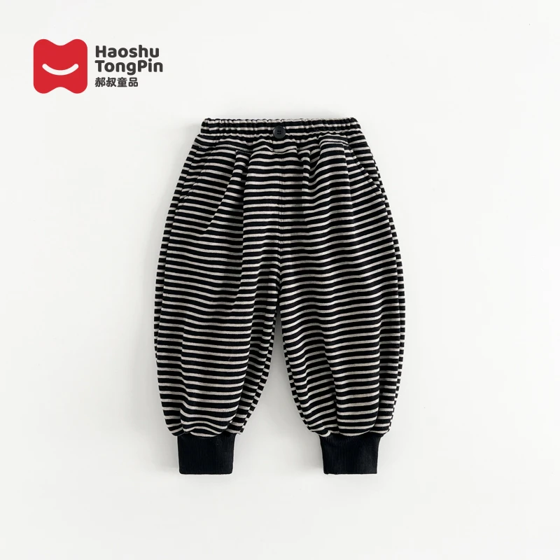 郝叔童品秋冬新款时尚男童加绒条纹长裤2024潮流洋气裤子潮LF4368
