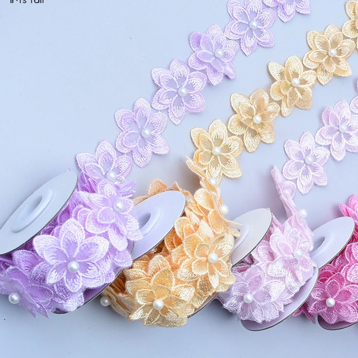 新款欧根纱立体六瓣双层花朵钉珠花边DIY服装辅料配饰家居布艺材