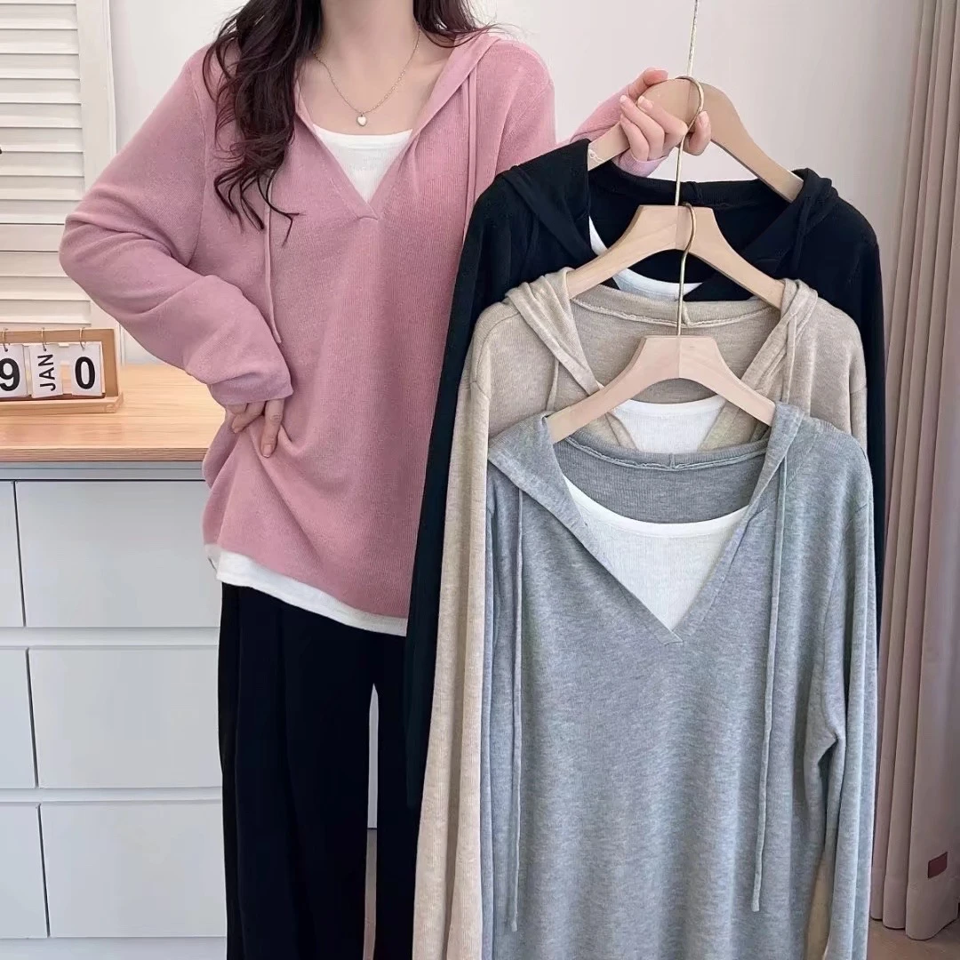 大码秋新款洋气显瘦设计感假两件连帽柔软针织衫698