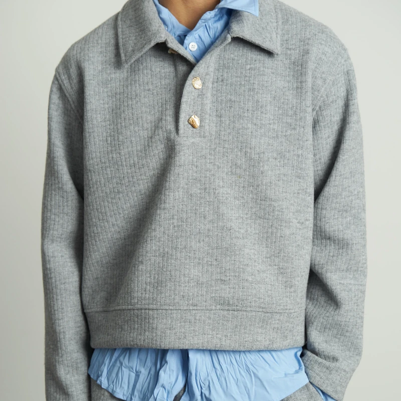 RETRO21 R21羊毛混纺polo翻领灰色毛衣