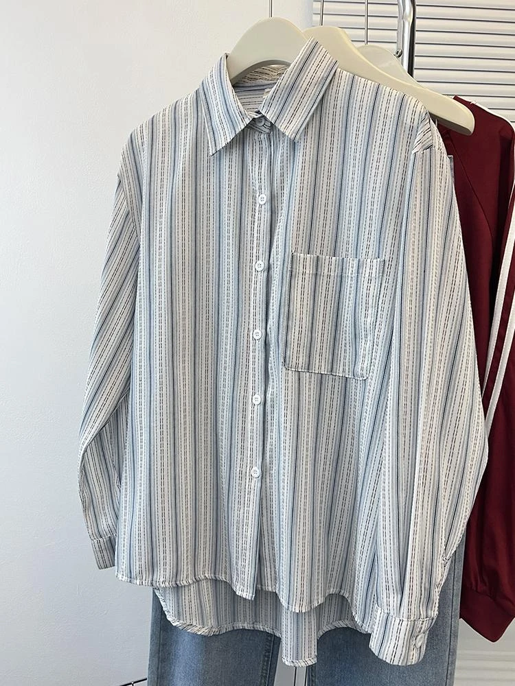 纯棉拼接条纹衬衫潮流宽松休闲百搭长袖衬衣设计感polo衫女装上衣
