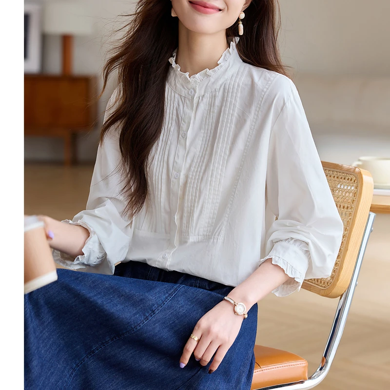 简约法式木耳花边立领白衬衫女2025年春秋新款高级感长袖纯棉衬衣