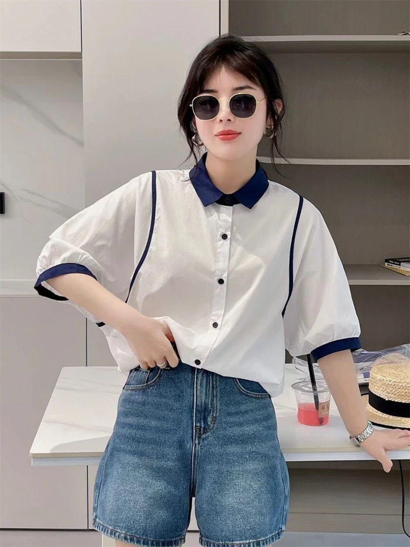 夏季学院风撞色衬衫女设计感小众翻领白衬衣短袖上衣显瘦时尚纯棉