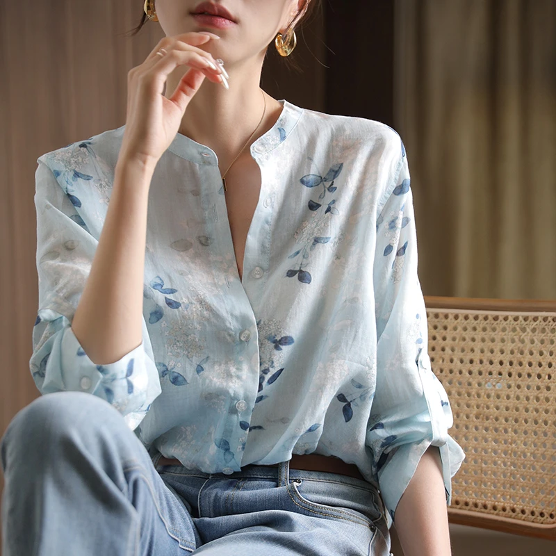 【小姚甄选】法式印花小个子纯棉衬衫女2025夏季新款时尚洋气薄款宽