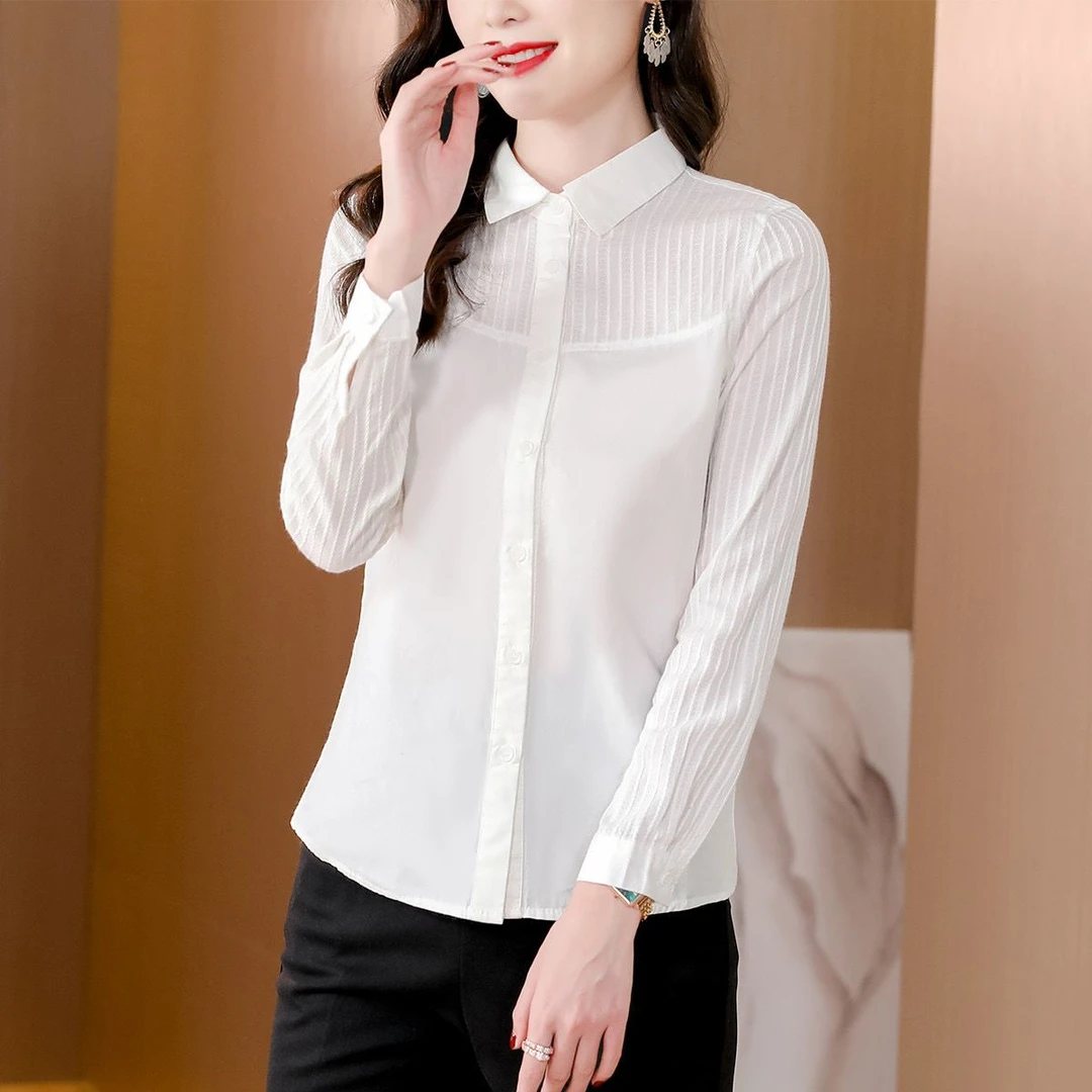 2024新款纯棉打底白衬衫春秋长袖白色洋气时尚休闲学院风百搭上衣