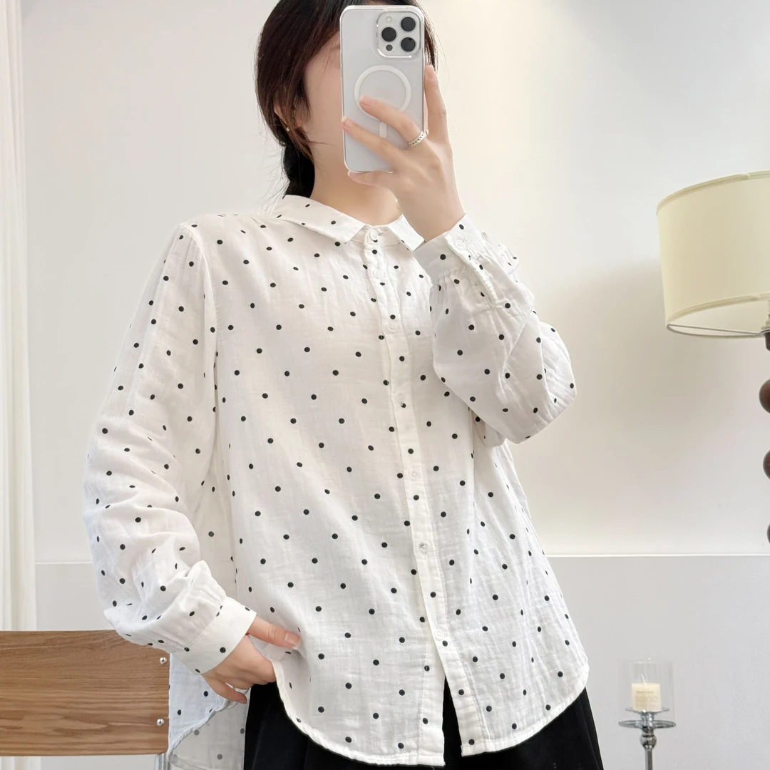 纯棉新款小清新文艺全棉双层棉纱衬衫女长袖柔软舒适波点印花衬衣