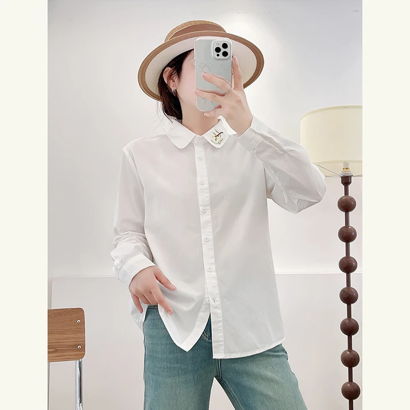 休闲宽松衬衫女2024春秋新款通勤刺绣水洗棉长袖百搭内搭叠穿衬衣