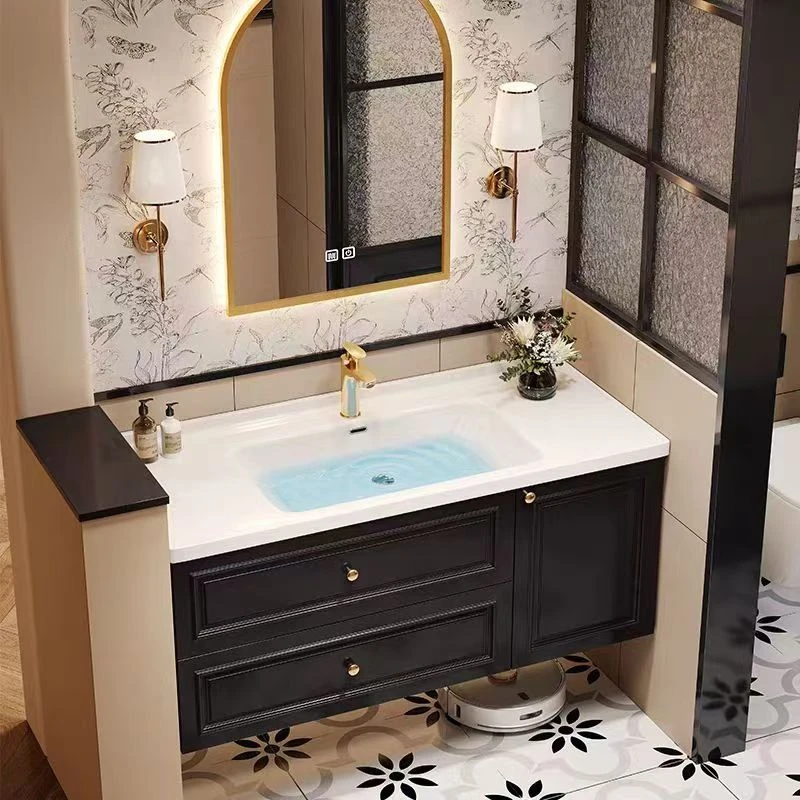 法式复古岩板陶瓷无缝盆橡胶木实木智能浴室柜组合洗漱台盆可定制