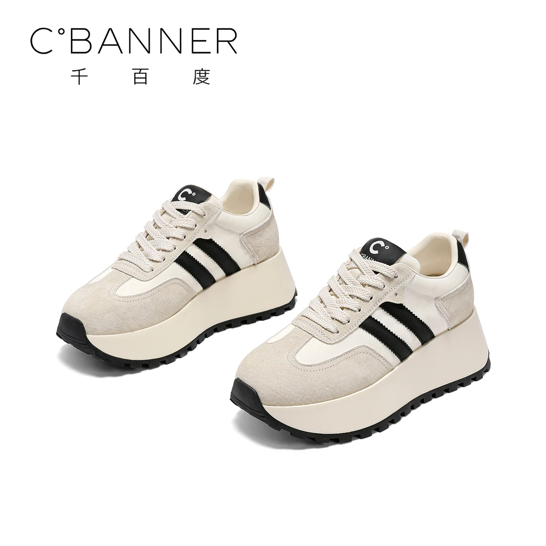 C.BANNER/千百度时尚透气厚底阿甘鞋2025新款潮流拼色系带华夫鞋