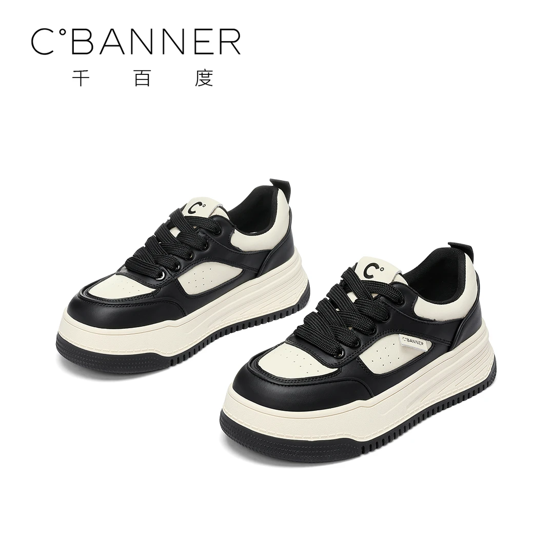 C.BANNER/千百度板鞋龙年新款女士百搭厚底拼色时尚系带休闲鞋