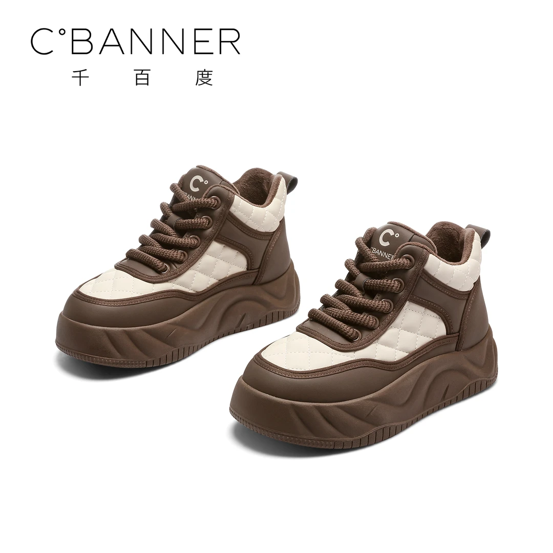 C.BANNER/千百度百搭休闲鞋女士24复古加绒高帮系带秋冬运动鞋