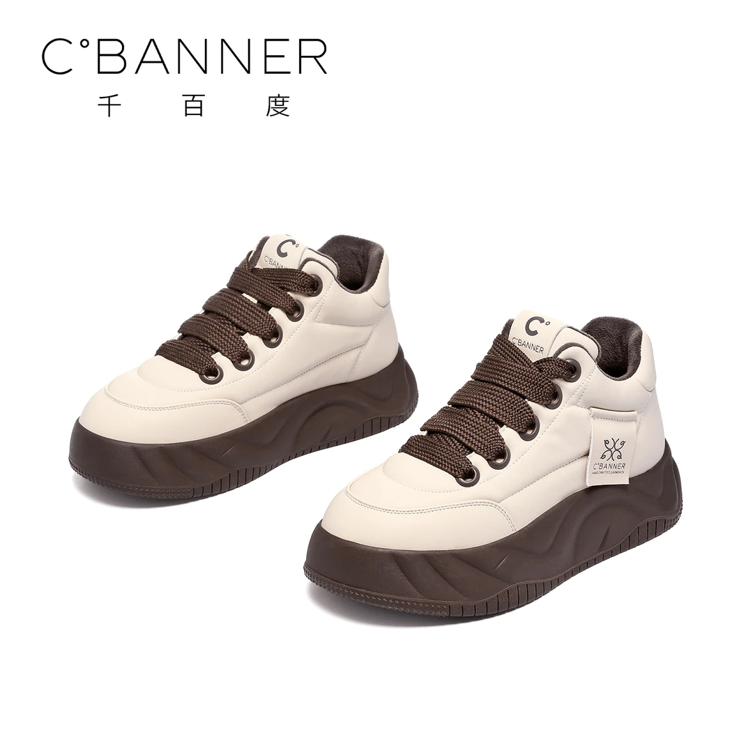 C.BANNER/千百度厚底面包鞋女2025小众款百搭加绒系带休闲松糕鞋