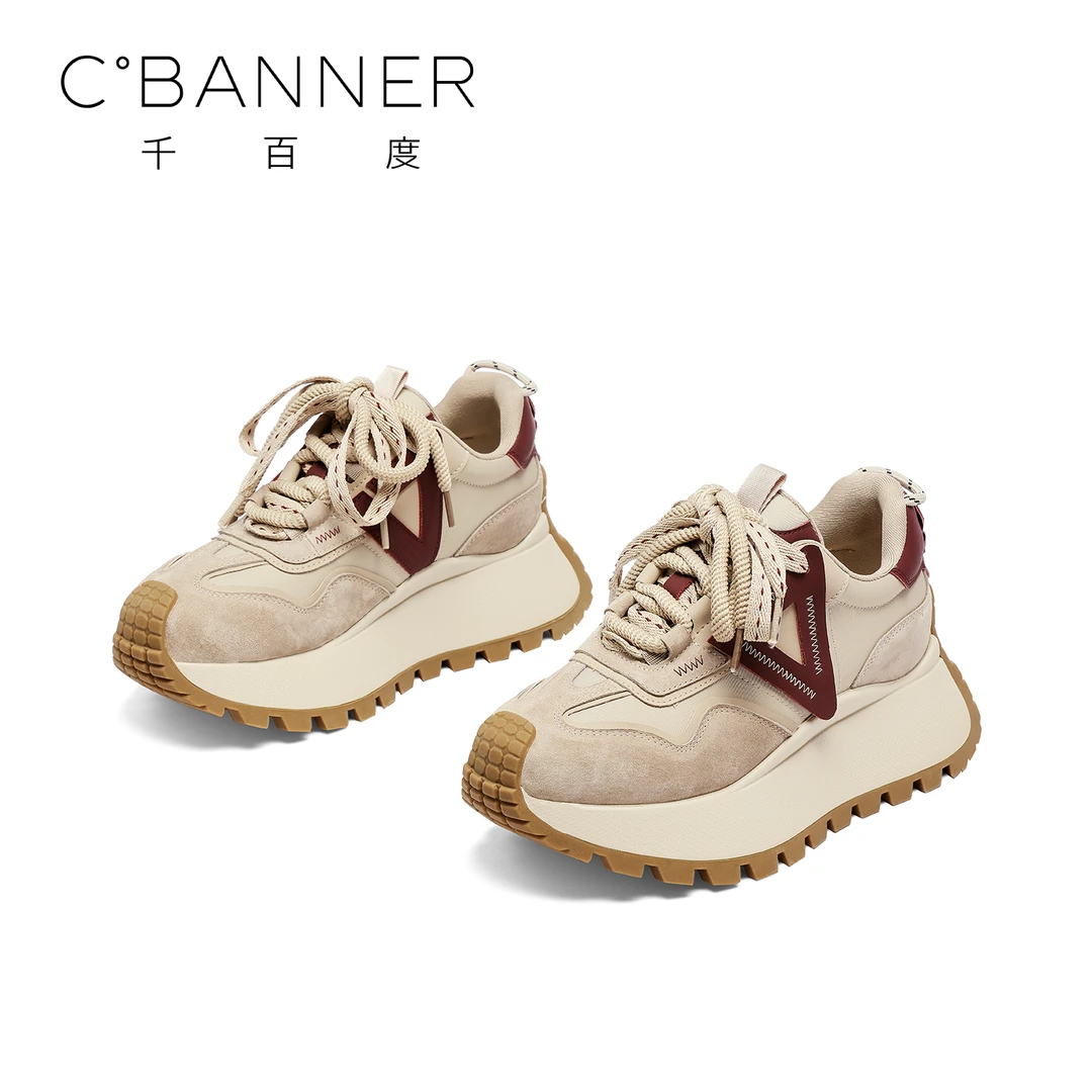 C.BANNER/千百度时尚休闲鞋女新款拼色厚底系带ins运动休闲鞋