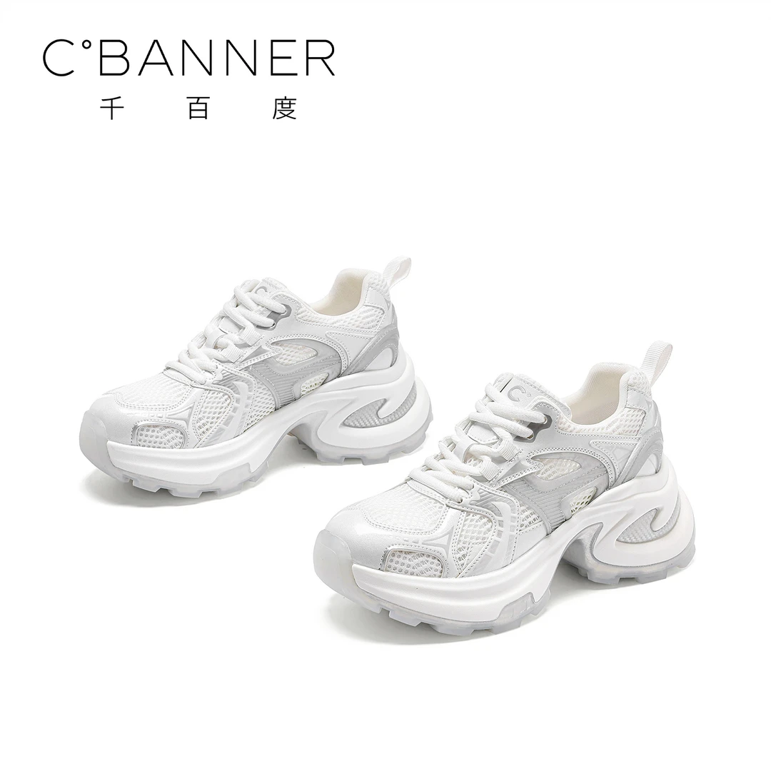 C.BANNER/千百度2025款网面增高老爹鞋女透气潮流运动鞋系带休闲