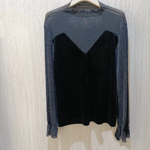 胖向向春装新款98883时尚洋气款拼接纱袖身亮闪闪高领百搭T恤