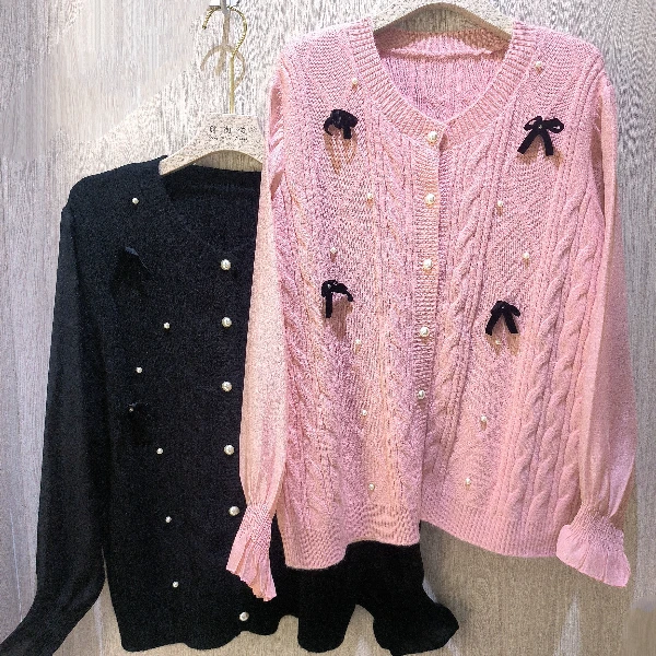 胖向向秋装新款（190斤以内穿)9501时尚洋气款身蝴蝶结钉珠针织衫