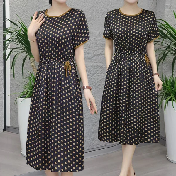 夏季中长款短袖圆领波点抽绳显瘦遮肚大码妈妈装宽松连衣裙026
