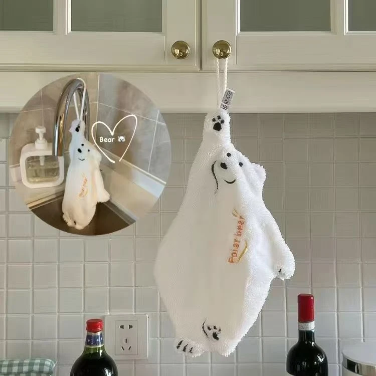 北极熊擦手挂巾挂式洗手巾珊瑚毛巾厨房超强吸水加厚卡通擦手毛巾