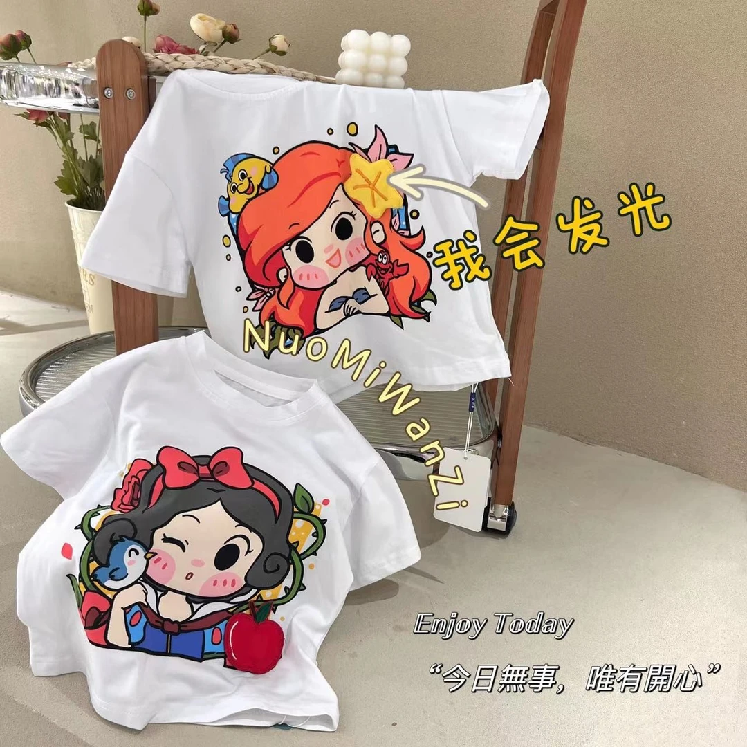 儿童纯棉短袖t恤2024夏款女童卡通设计感印花发光百搭白色上衣潮
