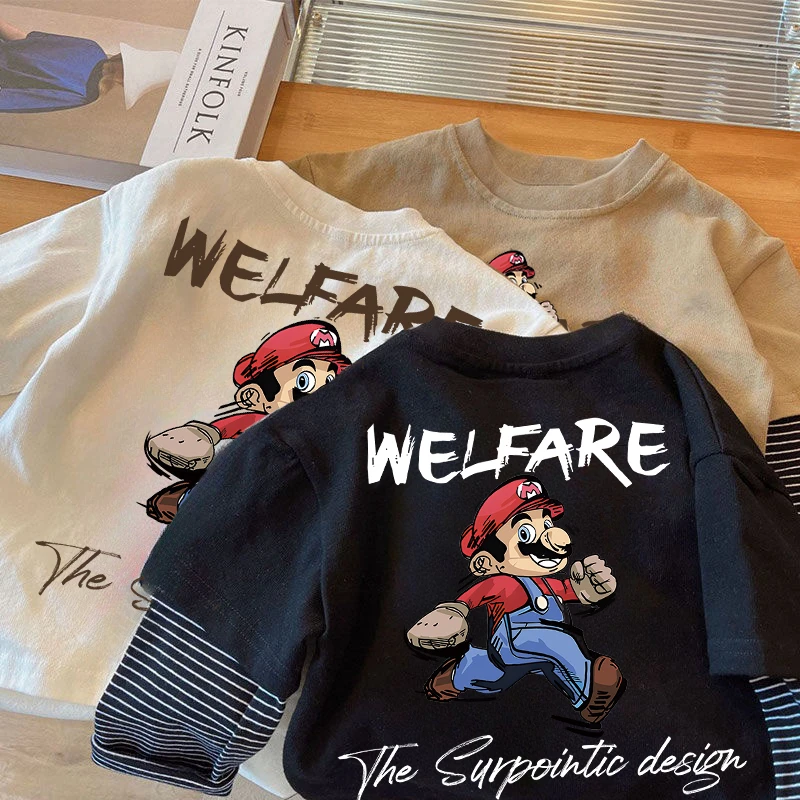 春秋新款男童长袖假两件T恤纯棉洋气印花宝宝宽松韩版打底衫秋季