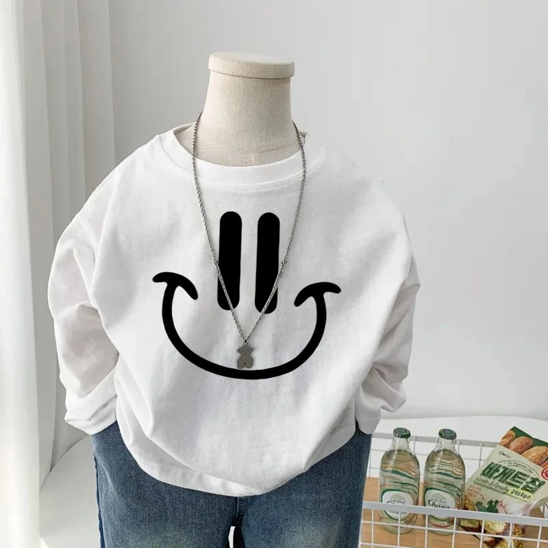 男女童宝宝长袖T恤印花宽松春秋韩版纯棉圆领百搭白色童装打底衫