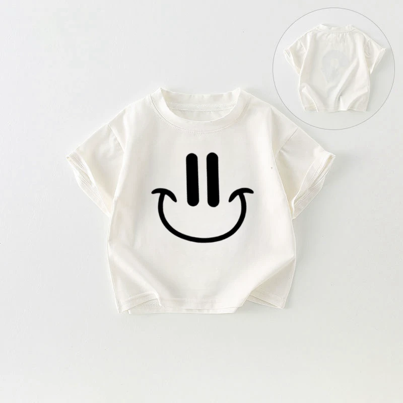 儿童夏季新款简约白色短袖T恤男女童宝宝洋气笑脸印花薄款上衣潮