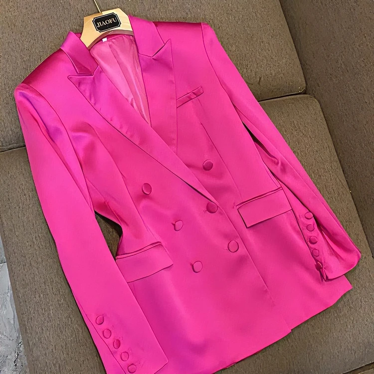 高级感玫红色女士西装气质时尚休闲西服紫色双排扣西装【玫红西装】