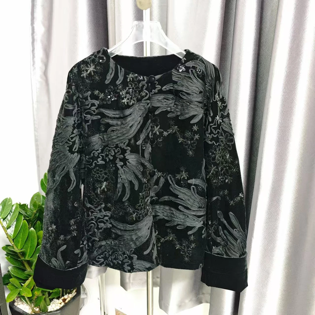 2024新款秋冬“锦绣”刺绣亮片新中式国风质感丝绒压花棉服外套