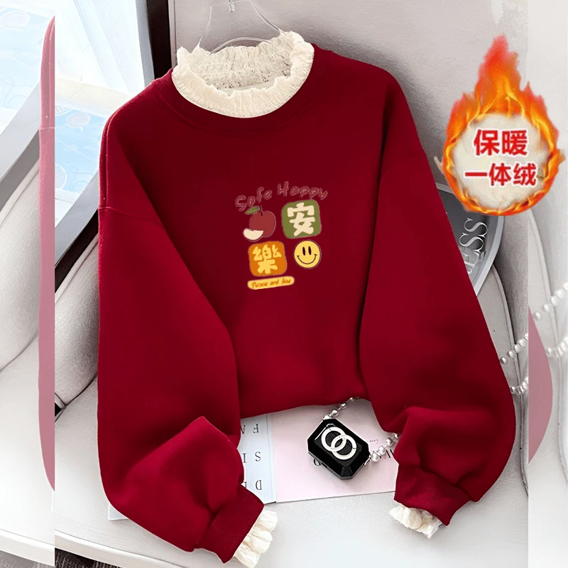 女童红色卫衣冬装2025蛇年儿童加绒上衣本命年女孩中大童新年衣服