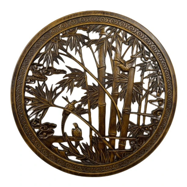 东阳木雕挂件香樟木竹报平安圆形风水客厅玄关壁挂背景墙挂屏实木