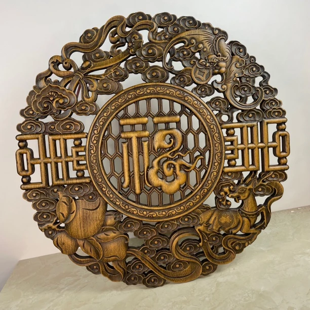 中国木雕挂件香樟木实木壁饰中式装修墙上圆形福字圆形家居装饰品