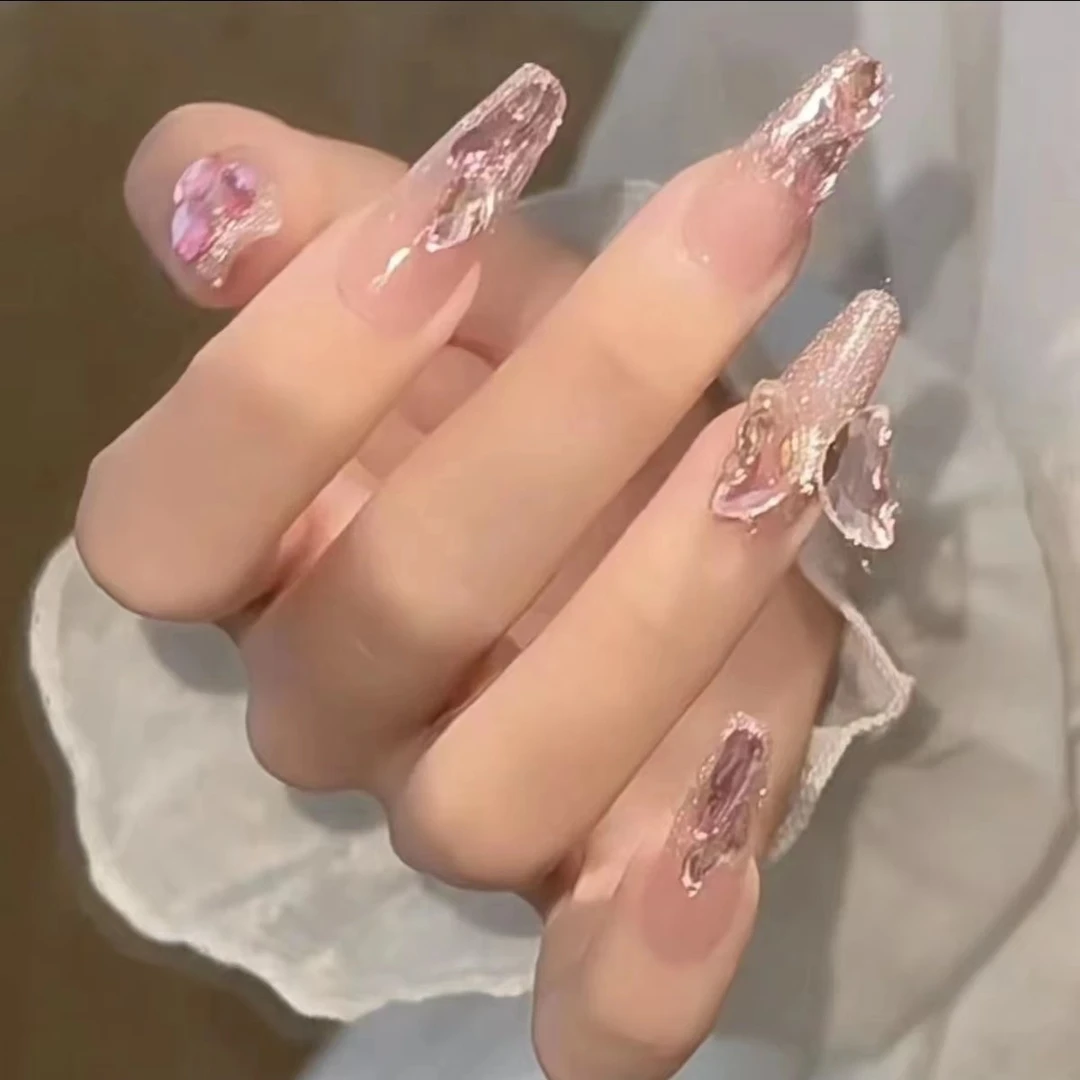 【旋转蝴蝶】手工穿戴甲重工美甲纯欲冰透气质梯形