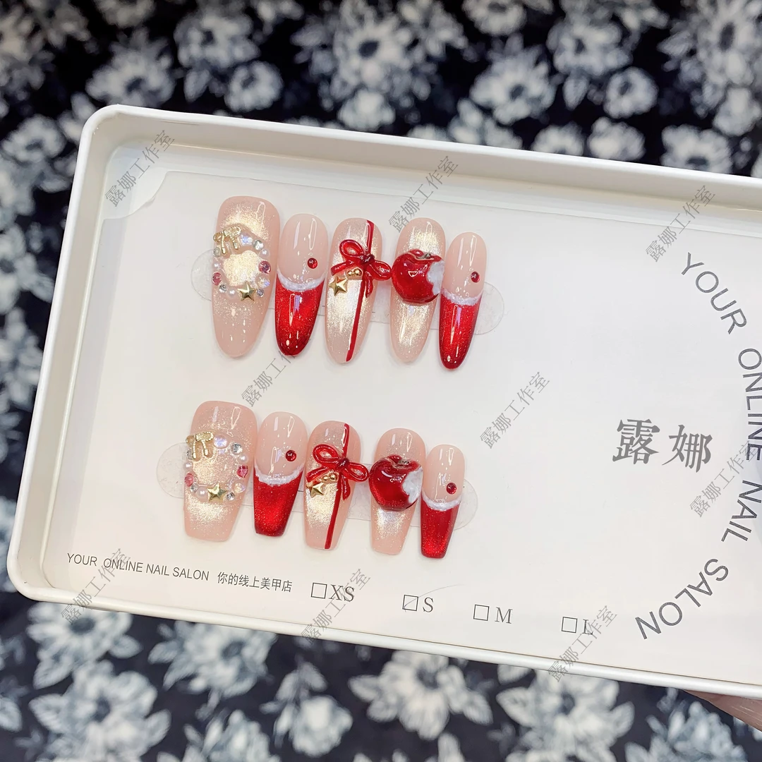 【平安之夜】纯手工穿戴甲美甲贴片可拆卸指甲贴片10片装