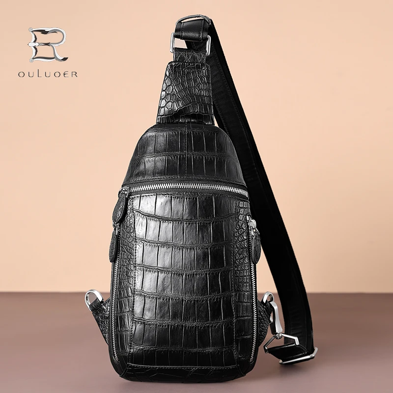 新款鳄鱼皮真皮胸前男士包时尚休闲百搭包多功能商务单肩包潮流