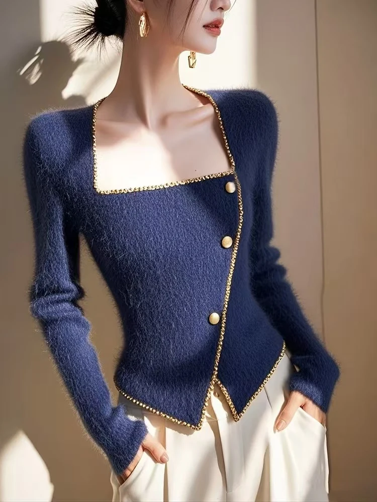 2025新款韩系小香风蓝色方领毛衣女冬季高级感超好看针织收腰上衣