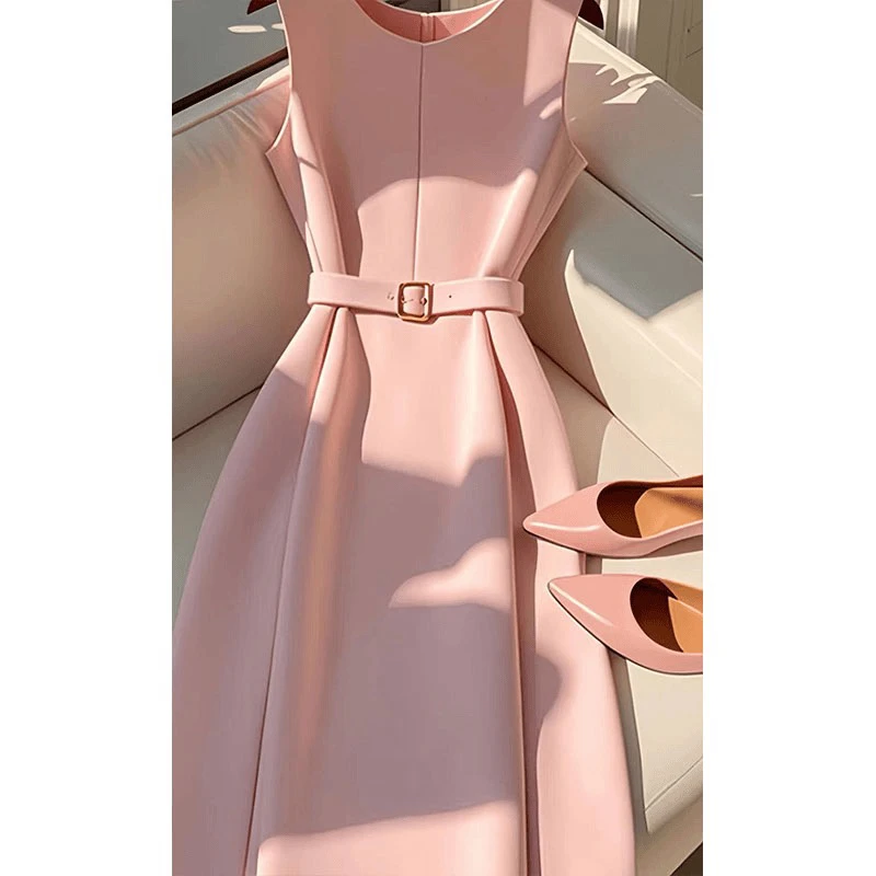 L02（夏季清仓）小香风厅里厅气茶歇粉色圆领无袖连衣裙子女装夏季