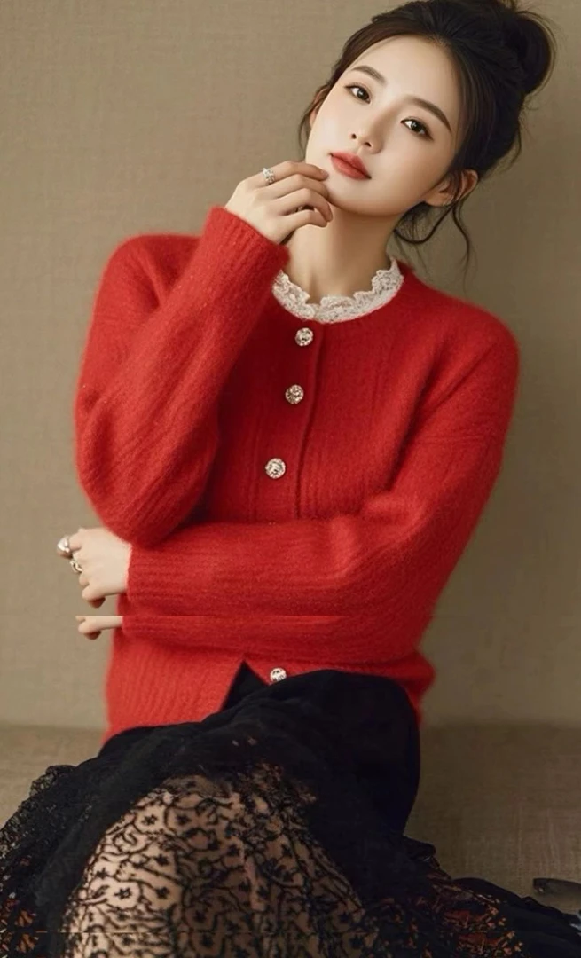 红茶风穿搭独特漂亮上衣设计感小众女蕾丝花边小香风红色针织外套