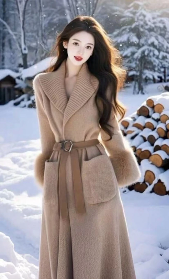 2024冬季爆款大翻领咖色加厚毛衣连衣裙法式收腰内搭打底针织长裙