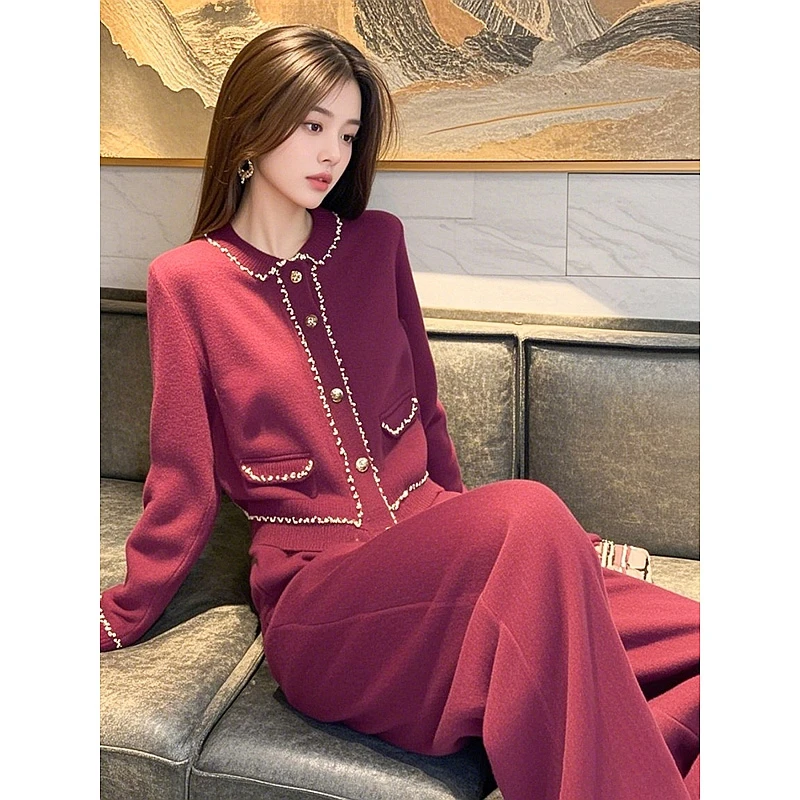 一整套韩系初秋穿搭高级感安哥拉红色针织衫外套阔腿裤两件套装女